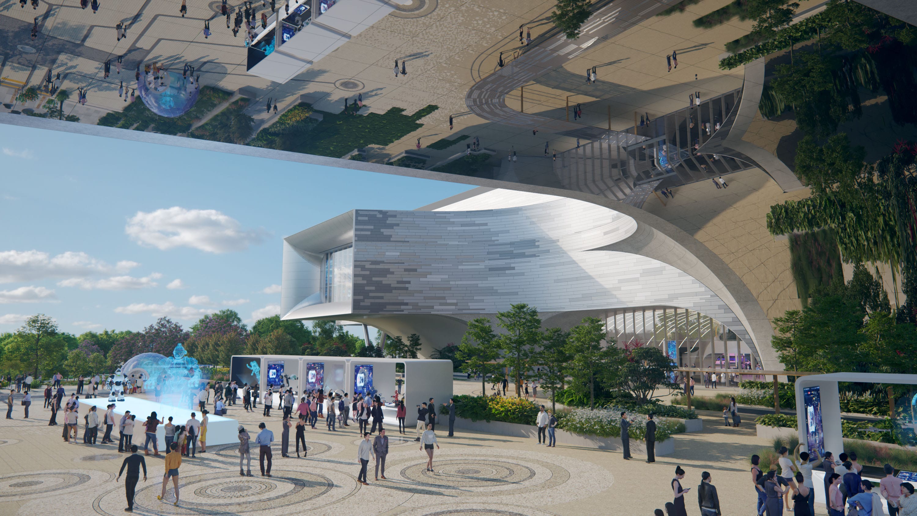 Modern building with a reflective ceiling, trees, and people walking around.